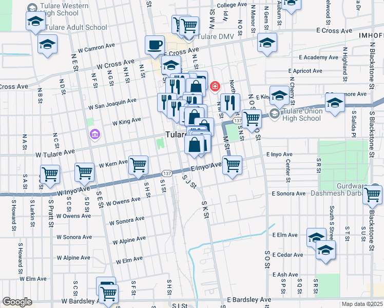 map of restaurants, bars, coffee shops, grocery stores, and more near 205 South K Street in Tulare