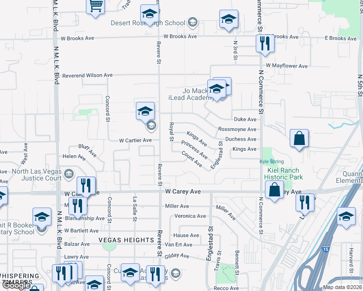 map of restaurants, bars, coffee shops, grocery stores, and more near 2604 Royal Street in North Las Vegas