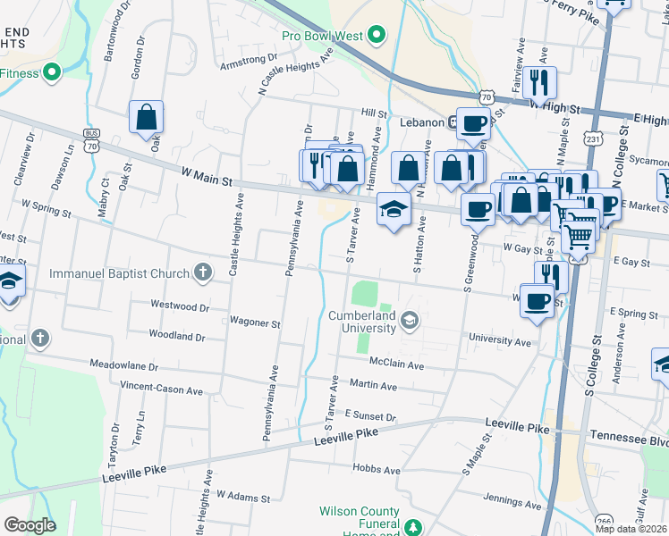 map of restaurants, bars, coffee shops, grocery stores, and more near 124 South Tarver Avenue in Lebanon