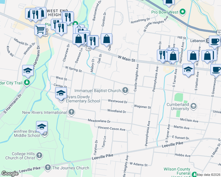 map of restaurants, bars, coffee shops, grocery stores, and more near 804 West Spring Street in Lebanon
