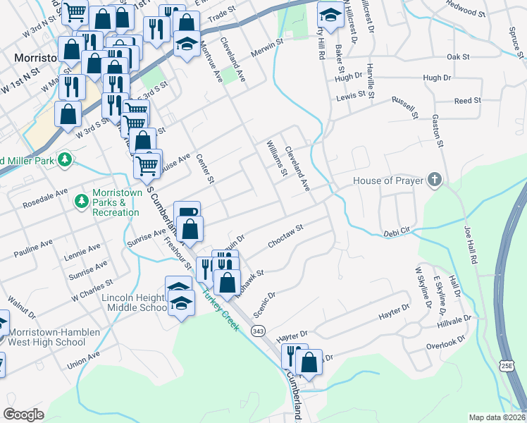 map of restaurants, bars, coffee shops, grocery stores, and more near 609 Brown Avenue in Morristown