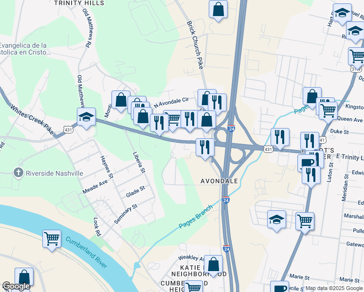 map of restaurants, bars, coffee shops, grocery stores, and more near 310 West Trinity Lane in Nashville
