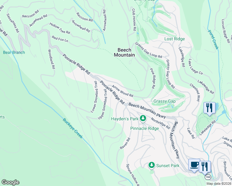 map of restaurants, bars, coffee shops, grocery stores, and more near 116 Arrow Wood Road in Beech Mountain