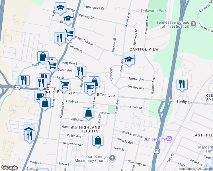 map of restaurants, bars, coffee shops, grocery stores, and more near 335 Duke Street in Nashville