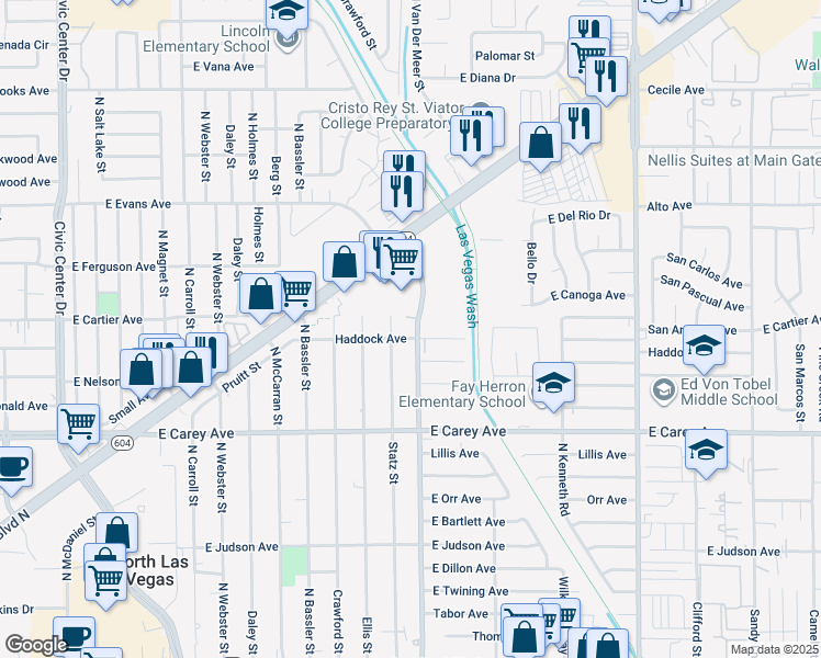 map of restaurants, bars, coffee shops, grocery stores, and more near 2545 Belmont Street in North Las Vegas