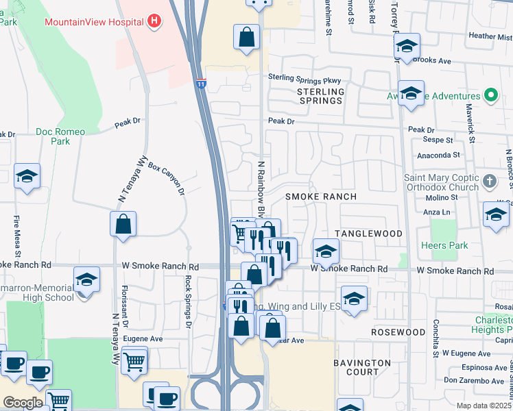 map of restaurants, bars, coffee shops, grocery stores, and more near 2451 North Rainbow Boulevard in Las Vegas