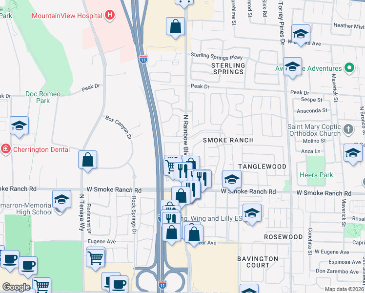 map of restaurants, bars, coffee shops, grocery stores, and more near 1024 Yorktown Road in Las Vegas