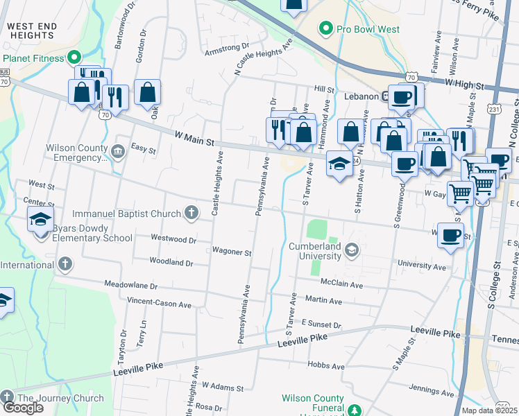 map of restaurants, bars, coffee shops, grocery stores, and more near 519 West Spring Street in Lebanon