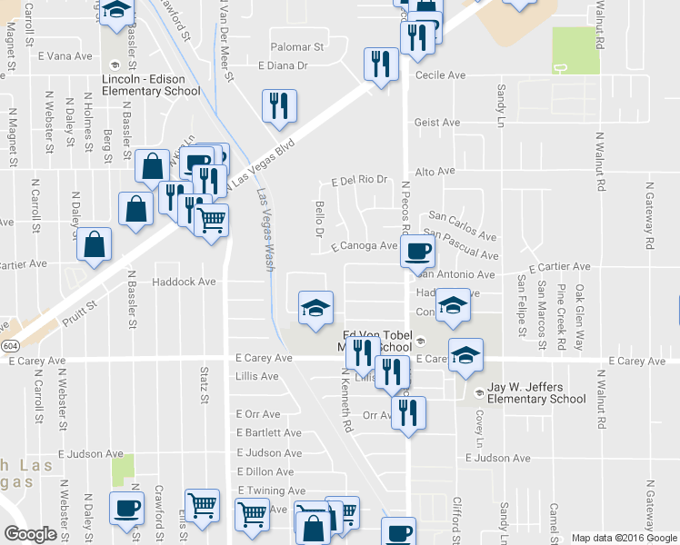 map of restaurants, bars, coffee shops, grocery stores, and more near 2549 North Kenneth Road in North Las Vegas
