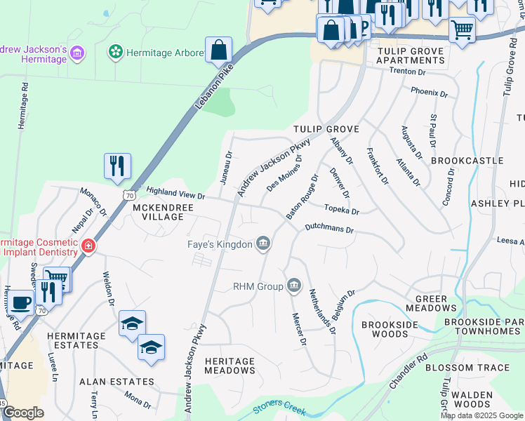 map of restaurants, bars, coffee shops, grocery stores, and more near 659 Des Moines Drive in Nashville
