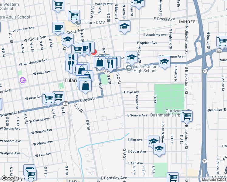 map of restaurants, bars, coffee shops, grocery stores, and more near 246 South N Street in Tulare