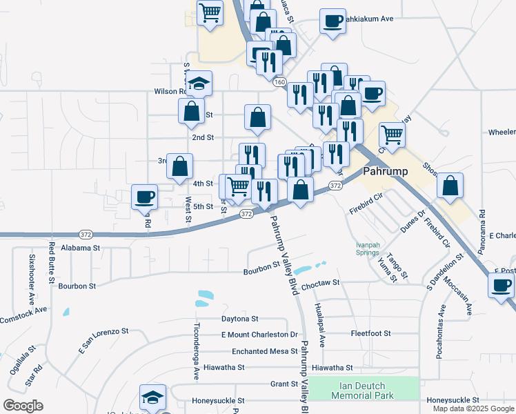 map of restaurants, bars, coffee shops, grocery stores, and more near 1341 East Street in Pahrump