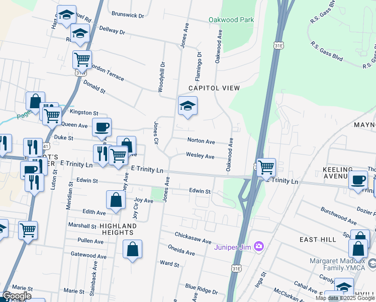 map of restaurants, bars, coffee shops, grocery stores, and more near 513 Wesley Avenue in Nashville