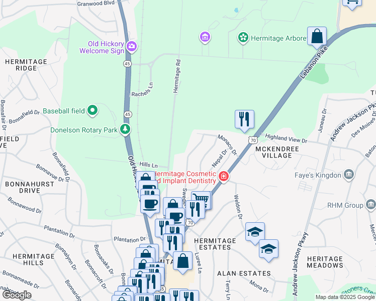 map of restaurants, bars, coffee shops, grocery stores, and more near 4278 Sweden Drive in Nashville