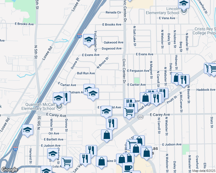 map of restaurants, bars, coffee shops, grocery stores, and more near 1417 East Cartier Avenue in North Las Vegas