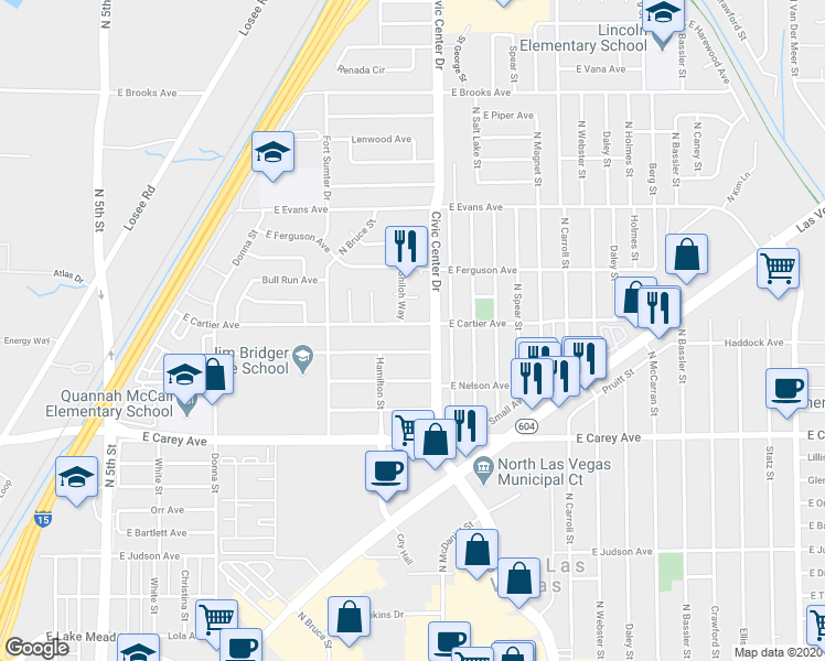 map of restaurants, bars, coffee shops, grocery stores, and more near 1621 East Cartier Avenue in North Las Vegas