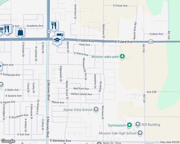 map of restaurants, bars, coffee shops, grocery stores, and more near Cape Canyon Avenue in Tulare