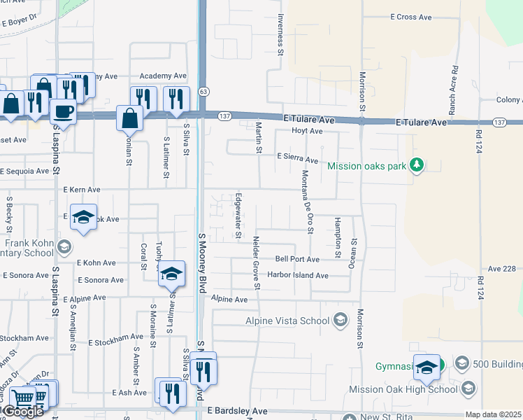 map of restaurants, bars, coffee shops, grocery stores, and more near 425 Nelder Grove Street in Tulare