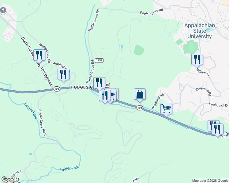 map of restaurants, bars, coffee shops, grocery stores, and more near 220 Hummingbird Hill in Boone