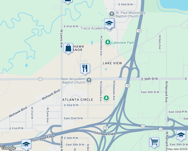 map of restaurants, bars, coffee shops, grocery stores, and more near 2623 East 36th Street North in Tulsa