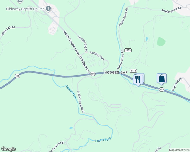 map of restaurants, bars, coffee shops, grocery stores, and more near 3017 North Carolina 105 in Boone