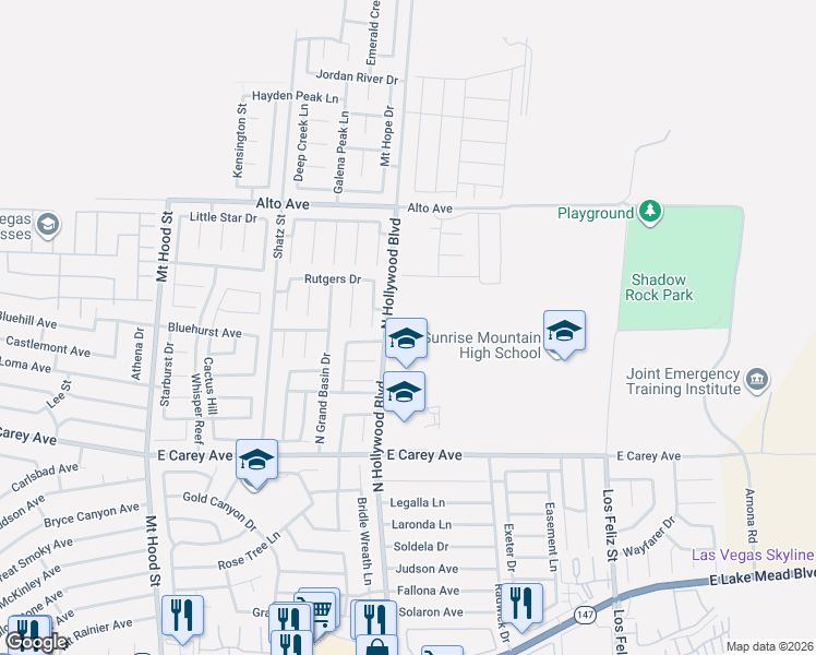 map of restaurants, bars, coffee shops, grocery stores, and more near River Meadows Avenue in Las Vegas