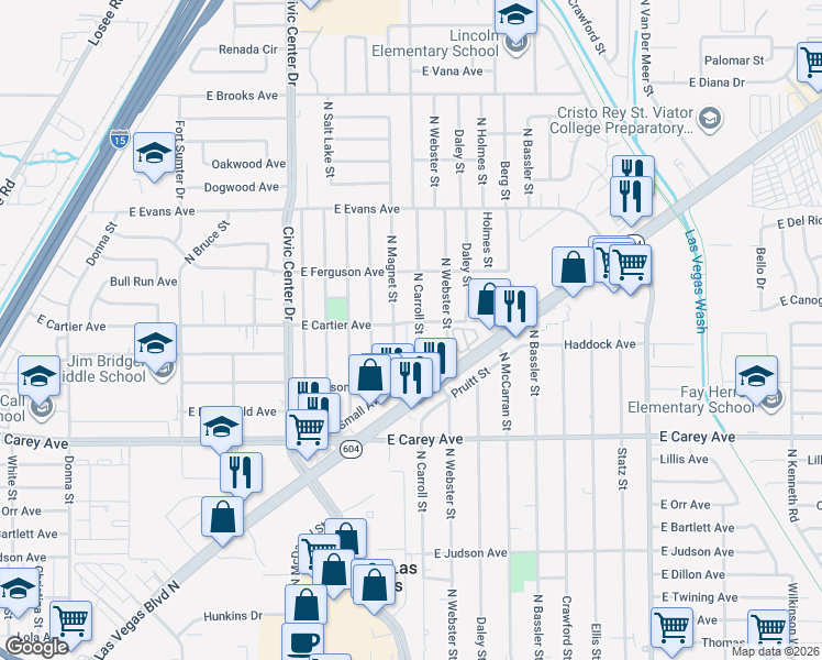 map of restaurants, bars, coffee shops, grocery stores, and more near in North Las Vegas