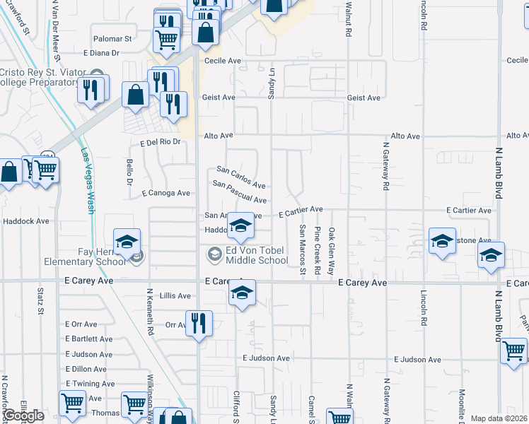 map of restaurants, bars, coffee shops, grocery stores, and more near 3657 San Pascual Avenue in Las Vegas