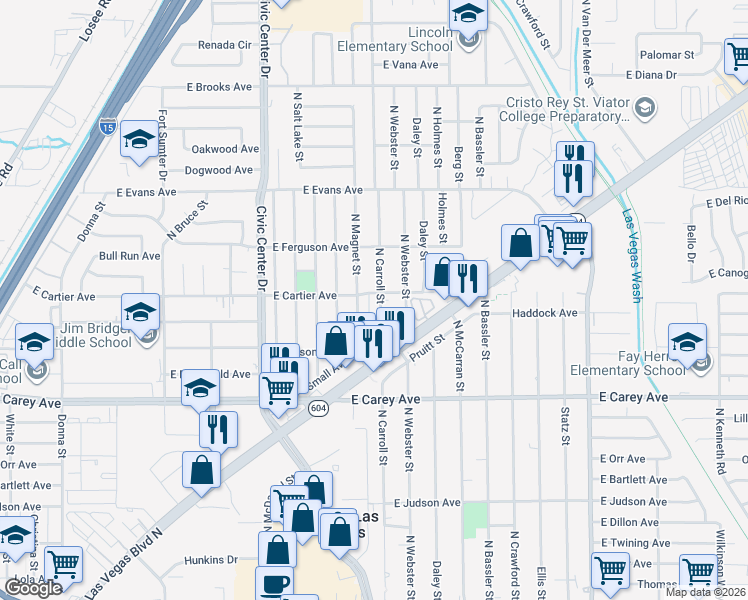 map of restaurants, bars, coffee shops, grocery stores, and more near 2601 North Carroll Street in North Las Vegas