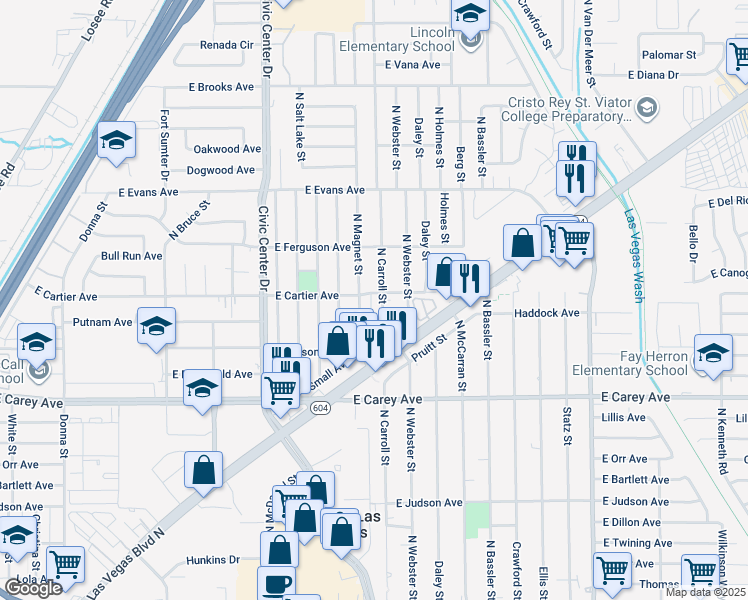 map of restaurants, bars, coffee shops, grocery stores, and more near 2601 North Carroll Street in North Las Vegas