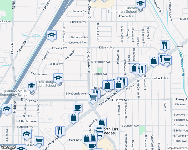 map of restaurants, bars, coffee shops, grocery stores, and more near 2605 North Saint George Street in North Las Vegas