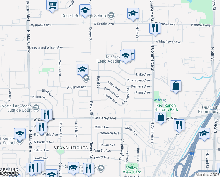 map of restaurants, bars, coffee shops, grocery stores, and more near 525 Kings Avenue in North Las Vegas