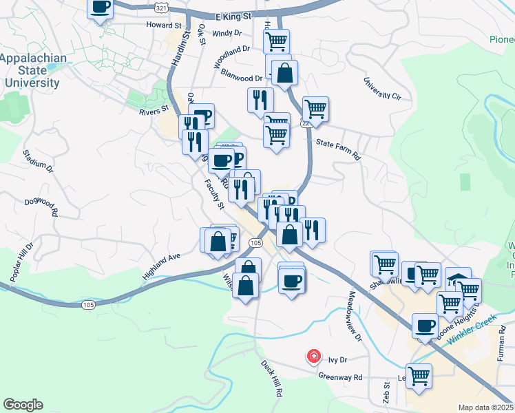 map of restaurants, bars, coffee shops, grocery stores, and more near 897 Blowing Rock Road in Boone