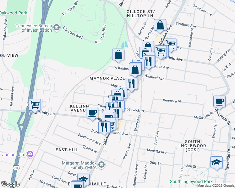 map of restaurants, bars, coffee shops, grocery stores, and more near 1028C Maynor Avenue in Nashville