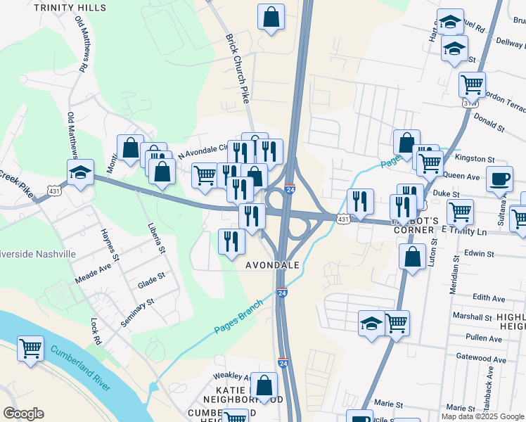 map of restaurants, bars, coffee shops, grocery stores, and more near in Nashville