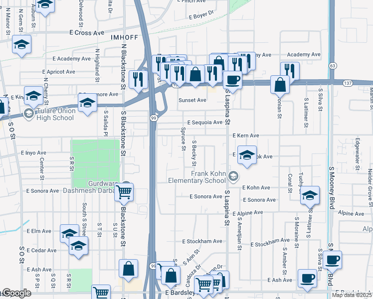map of restaurants, bars, coffee shops, grocery stores, and more near 419 South Becky Street in Tulare