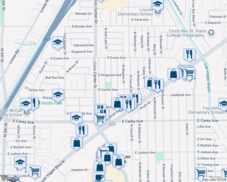 map of restaurants, bars, coffee shops, grocery stores, and more near 2204 East Cartier Avenue in North Las Vegas