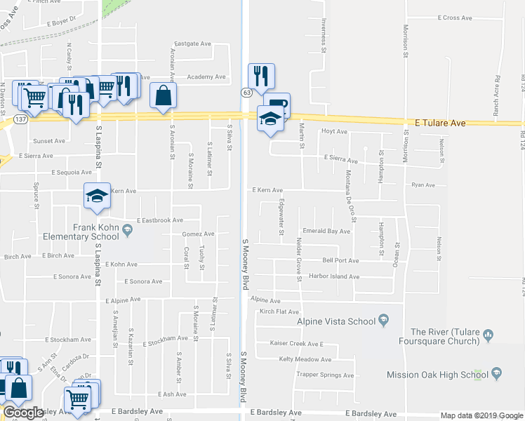 map of restaurants, bars, coffee shops, grocery stores, and more near 434 Descanso Bay Court in Tulare