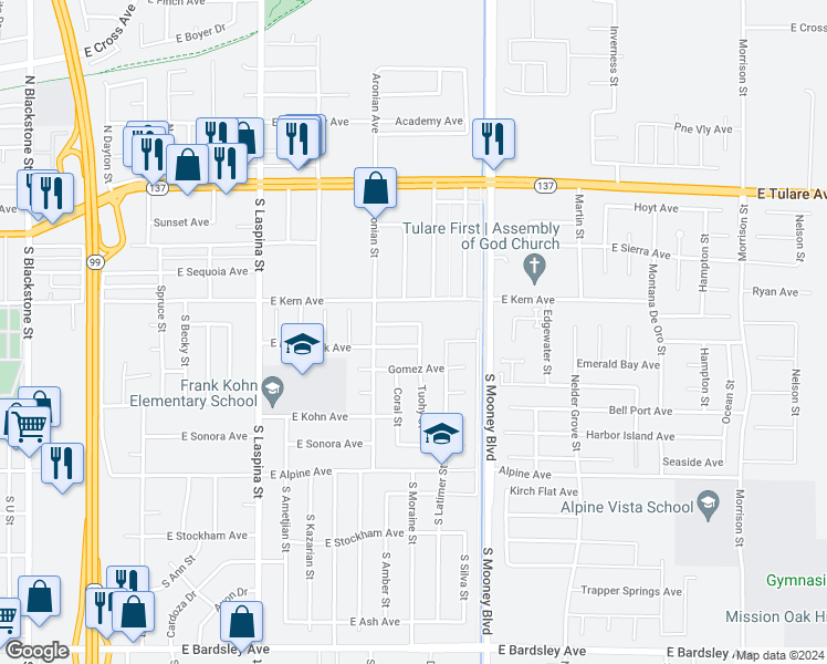 map of restaurants, bars, coffee shops, grocery stores, and more near 1991 East Toledo Avenue in Tulare