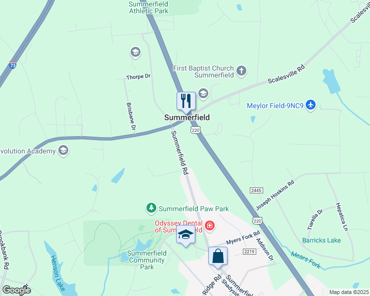 map of restaurants, bars, coffee shops, grocery stores, and more near 7708 Summerfield Road in Summerfield