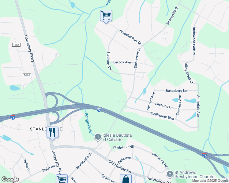map of restaurants, bars, coffee shops, grocery stores, and more near 5900 Stanleyville Drive in Rural Hall