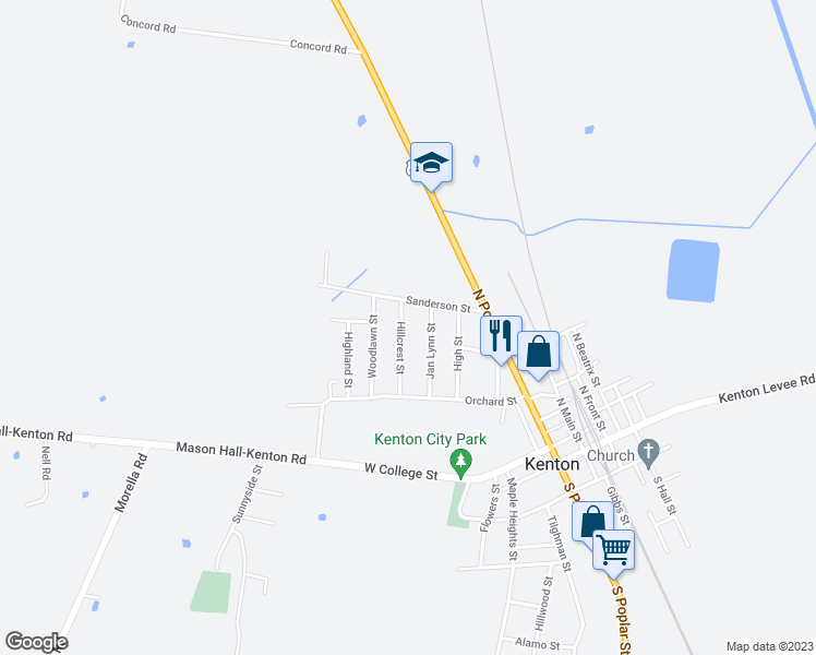 map of restaurants, bars, coffee shops, grocery stores, and more near 321 Hillcrest Street in Kenton