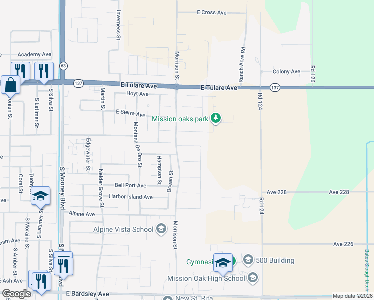 map of restaurants, bars, coffee shops, grocery stores, and more near 3045 Cape Canyon Avenue in Tulare