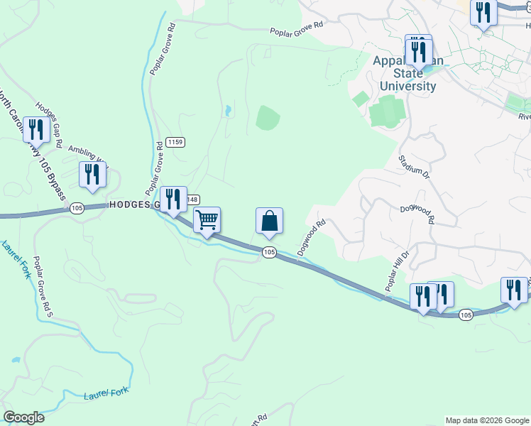 map of restaurants, bars, coffee shops, grocery stores, and more near 306 Maryah Dr in Boone