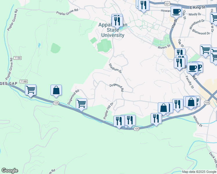 map of restaurants, bars, coffee shops, grocery stores, and more near 108 Fairview Drive in Boone
