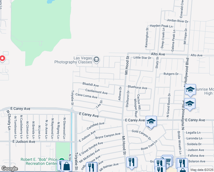 map of restaurants, bars, coffee shops, grocery stores, and more near 6168 Bluehill Avenue in Las Vegas
