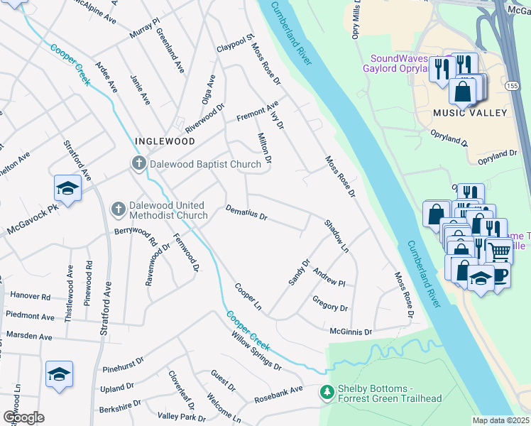 map of restaurants, bars, coffee shops, grocery stores, and more near 2312 Shadow Lane in Nashville