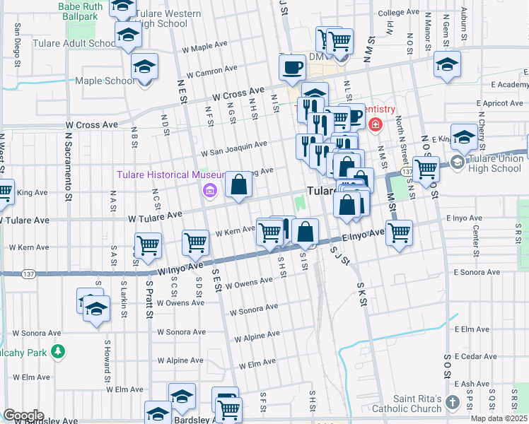 map of restaurants, bars, coffee shops, grocery stores, and more near 135 South H Street in Tulare