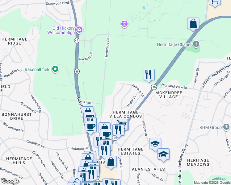 map of restaurants, bars, coffee shops, grocery stores, and more near 4278 Sweden Drive in Nashville