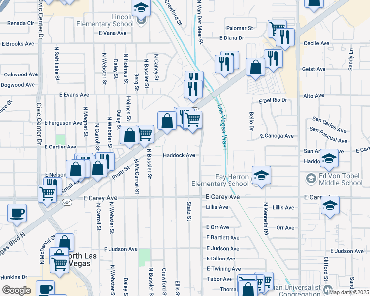 map of restaurants, bars, coffee shops, grocery stores, and more near 2557 Statz Street in North Las Vegas